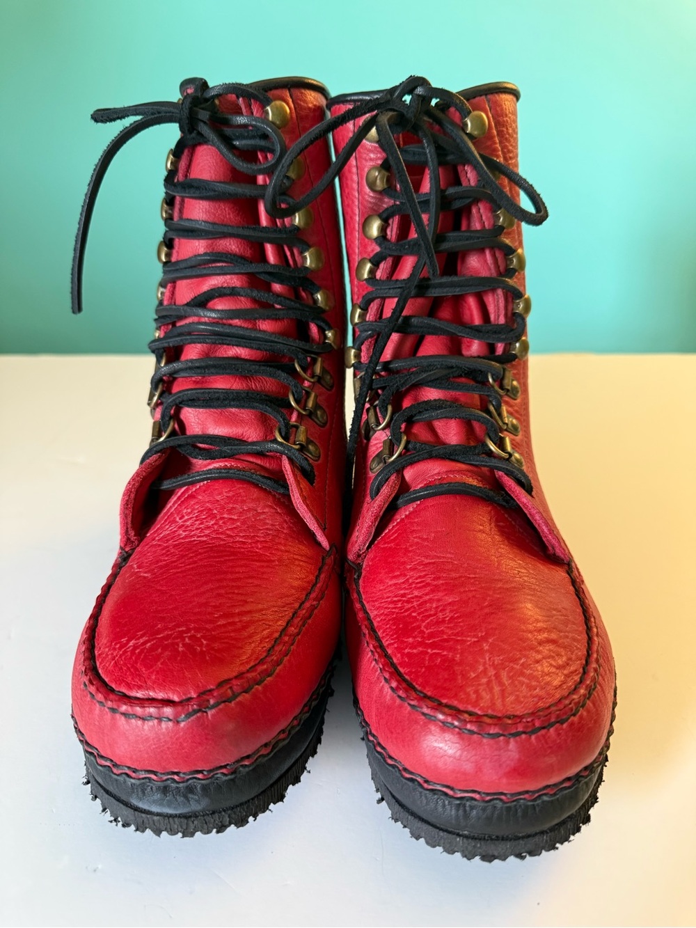 Red Lace-Up WillyMoc Leather Custom-Made Women’s Boots Sz 6.5 - Picture 2 of 14